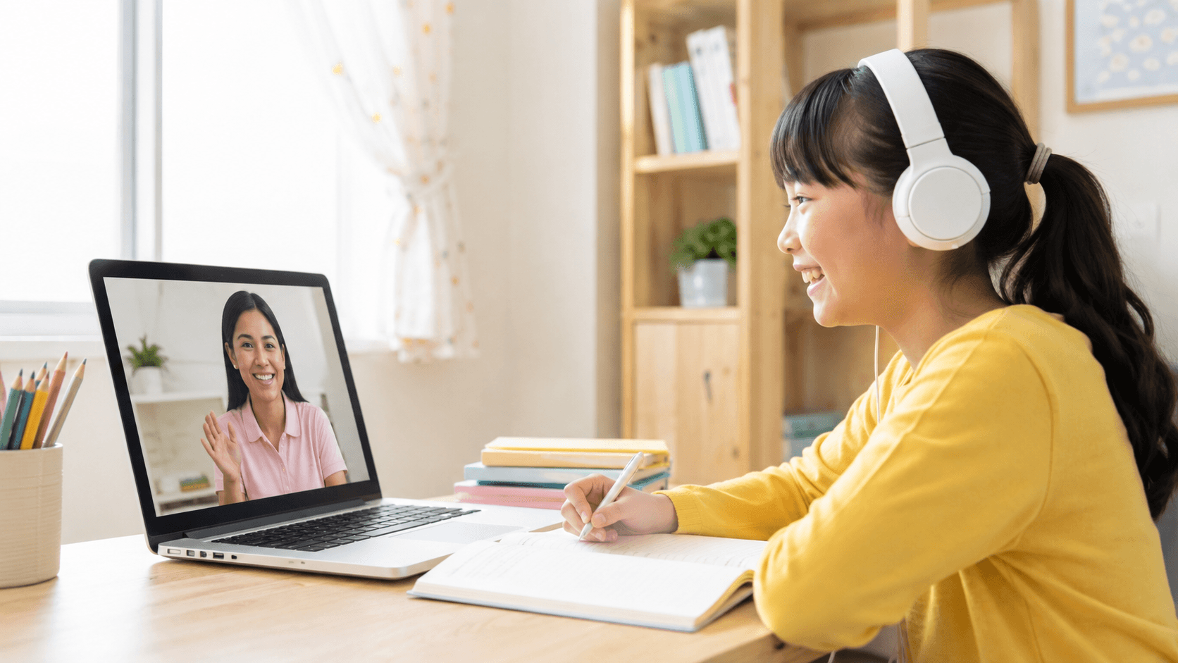 學生在家透過電腦上一對一線上英文課 / Student taking a one-on-one online English lesson at home